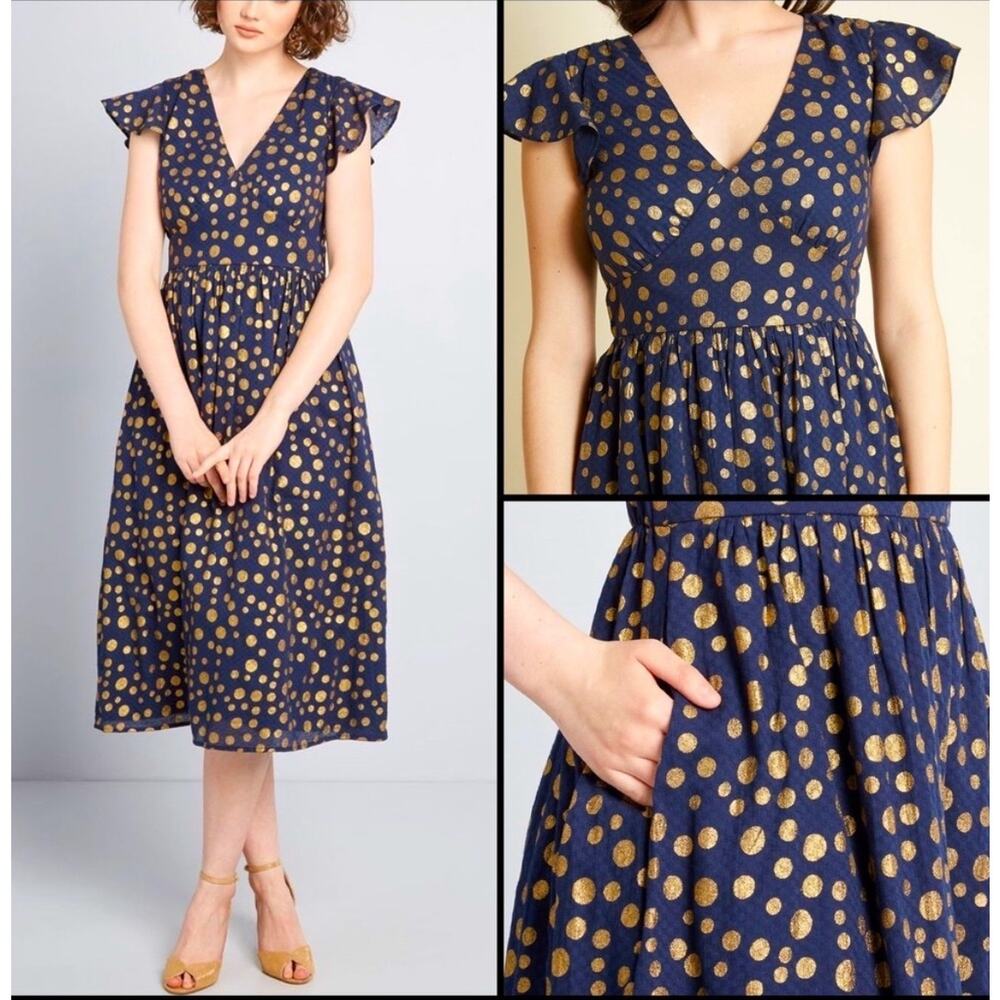 ModCloth Navy & Gold Polka Dot Flare Dress Midi Women's Medium Retro